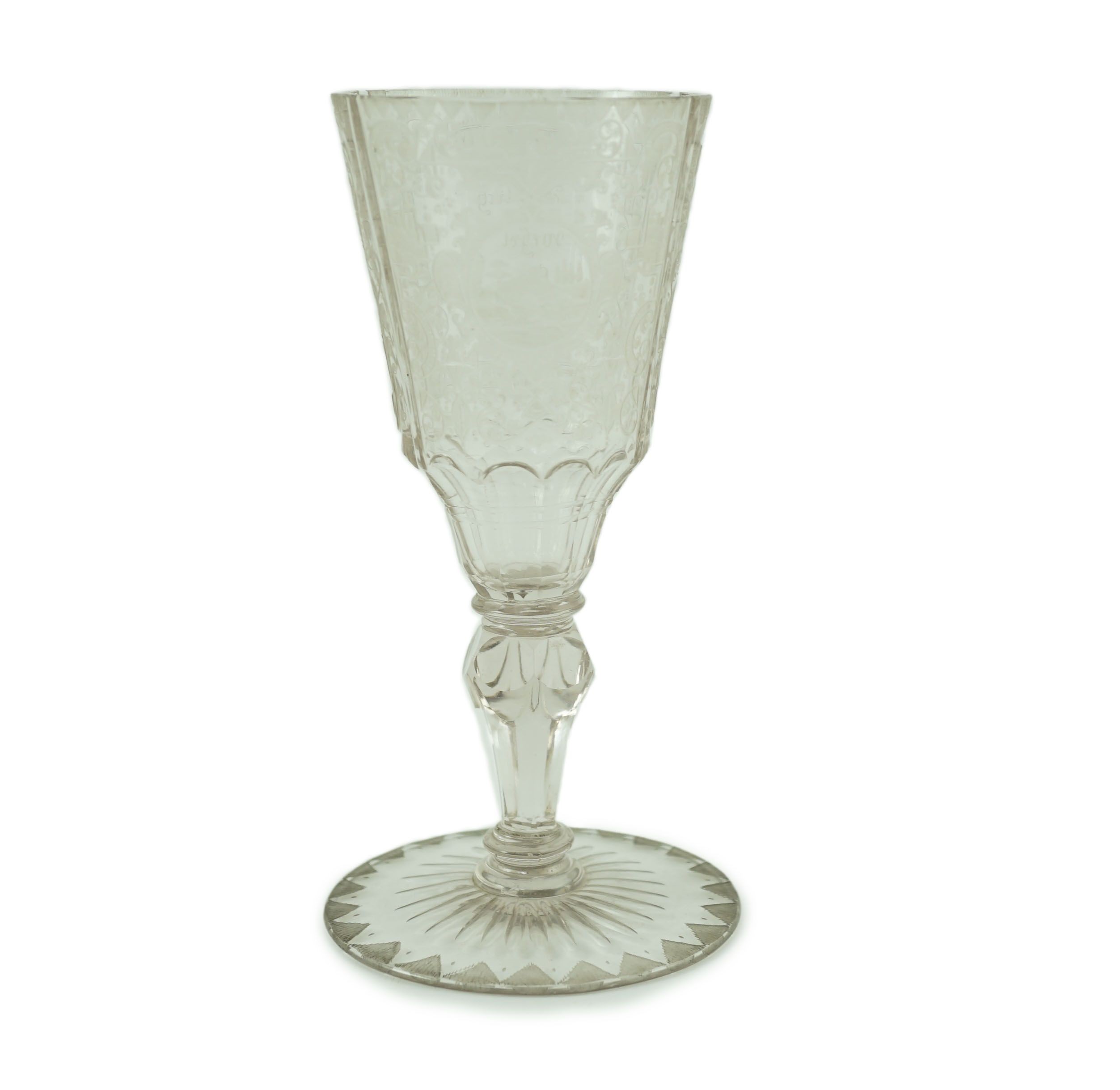 A Silesian wheel engraved glass goblet, c.1760, possibly made in Szklarska Poreba, 16.7cm high